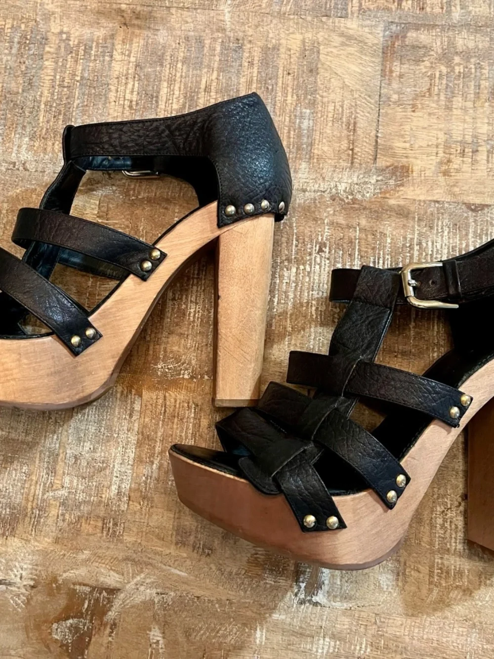 Vintage Dolce & Gabbana Studded Leather Wooden Platform Sandals - Size 39